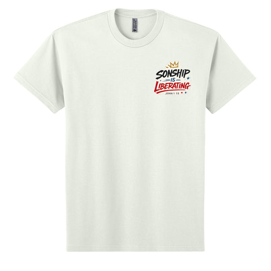 Sonship Is Liberating Christian graphic tee with John 8:36 chest design on off white shirt