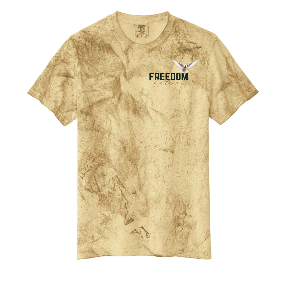 Freedom Culture mineral wash Christian streetwear tee with small chest logo on sand shirt