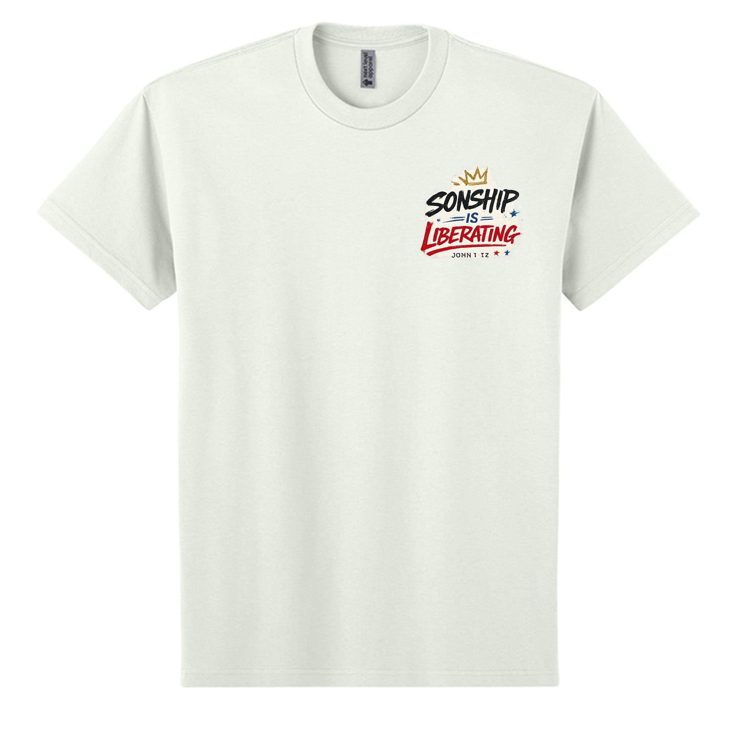 Sonship Is Liberating Christian graphic tee with John 8:36 chest design on off white shirt