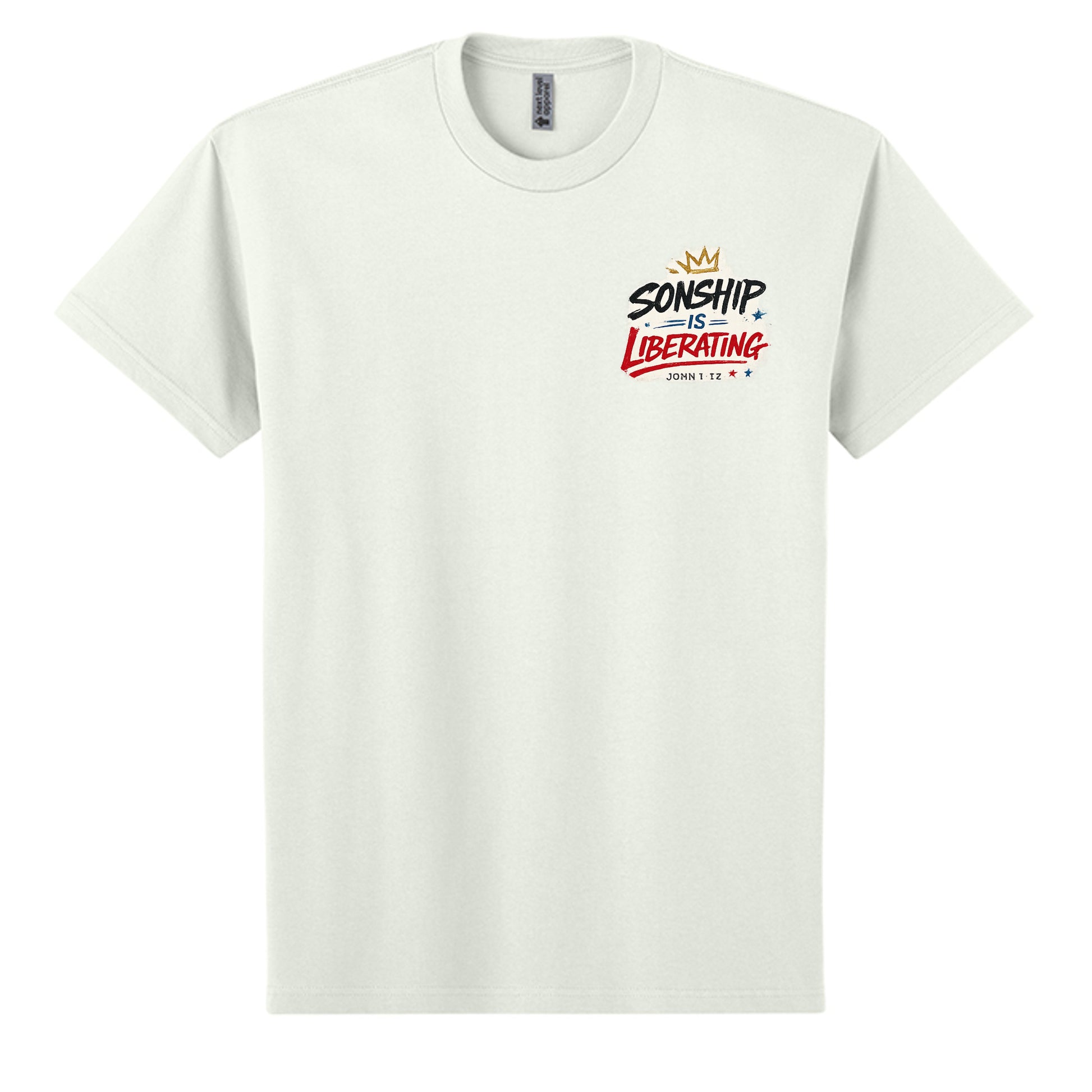 Sonship Is Liberating Christian graphic tee with John 8:36 chest design on off white shirt