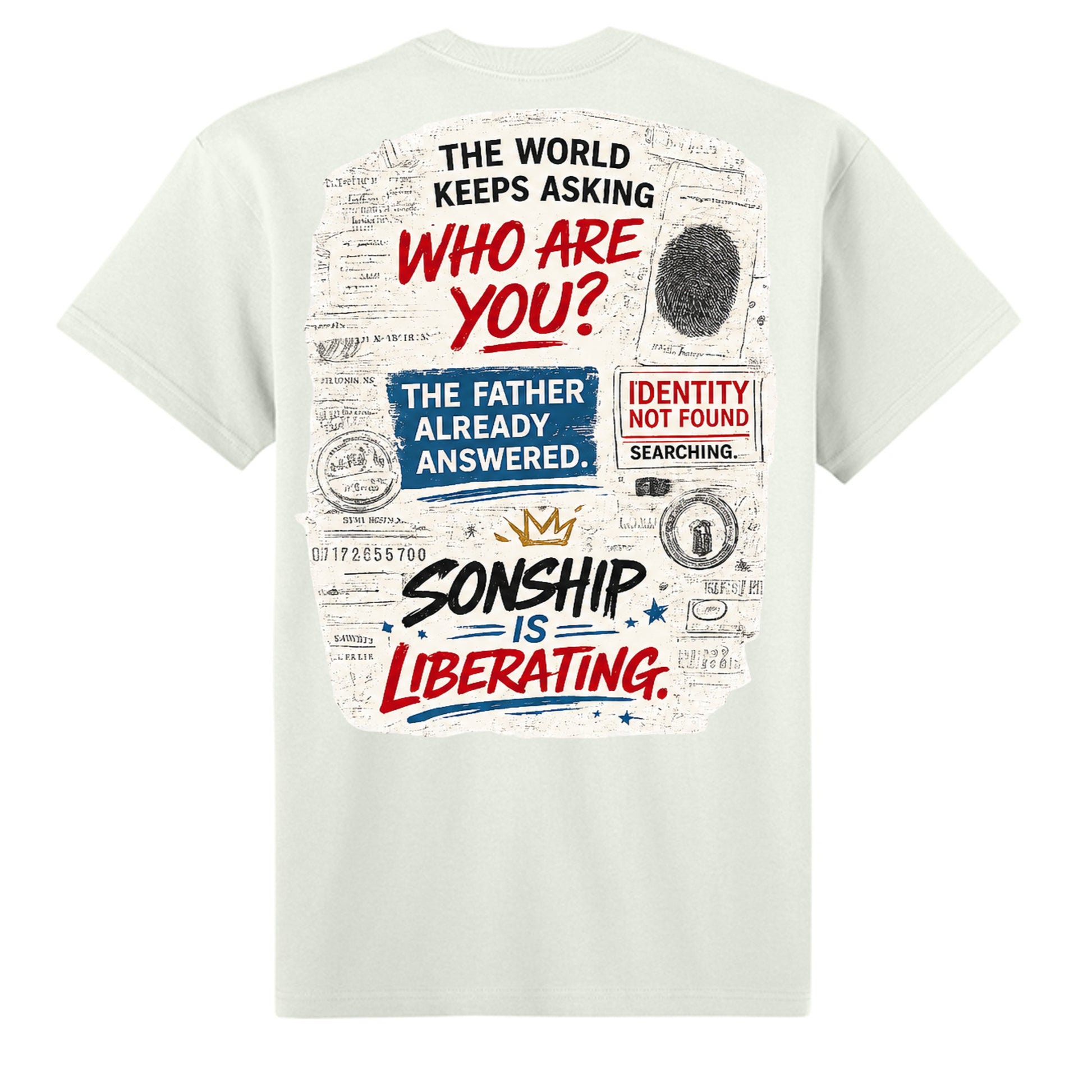 Sonship Is Liberating Christian graphic tee with John 8:36 chest design on off white shirt