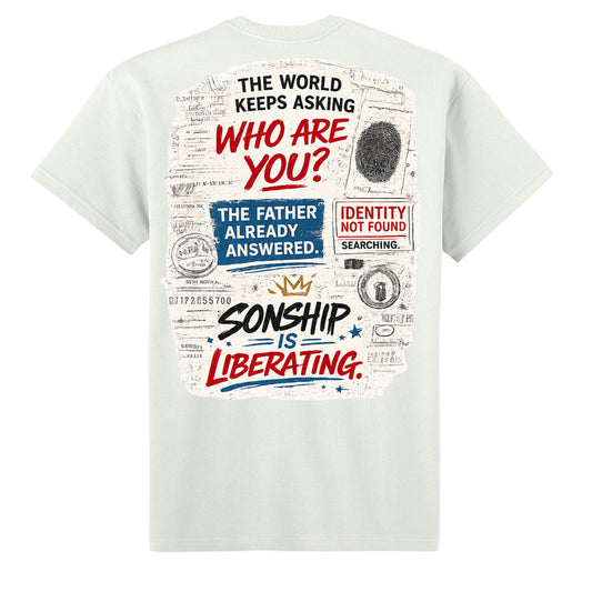 Sonship Is Liberating Christian graphic tee with John 8:36 chest design on off white shirt
