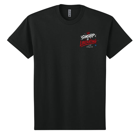 Black t-shirt with a logo on the chest against a white background